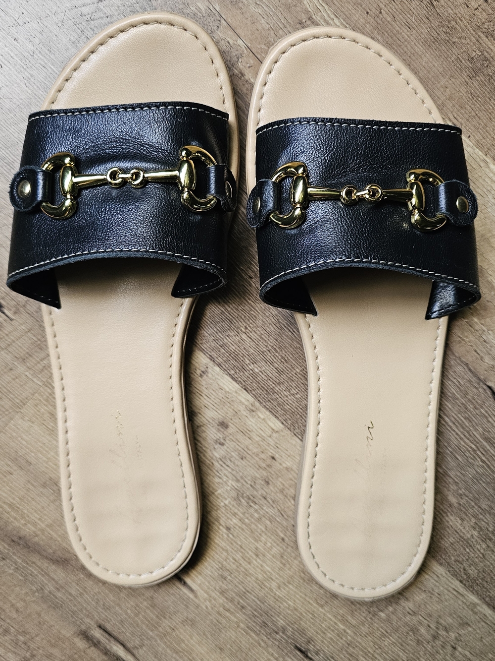 Women's Black Slide Sandals with Gold Horsebit Detail